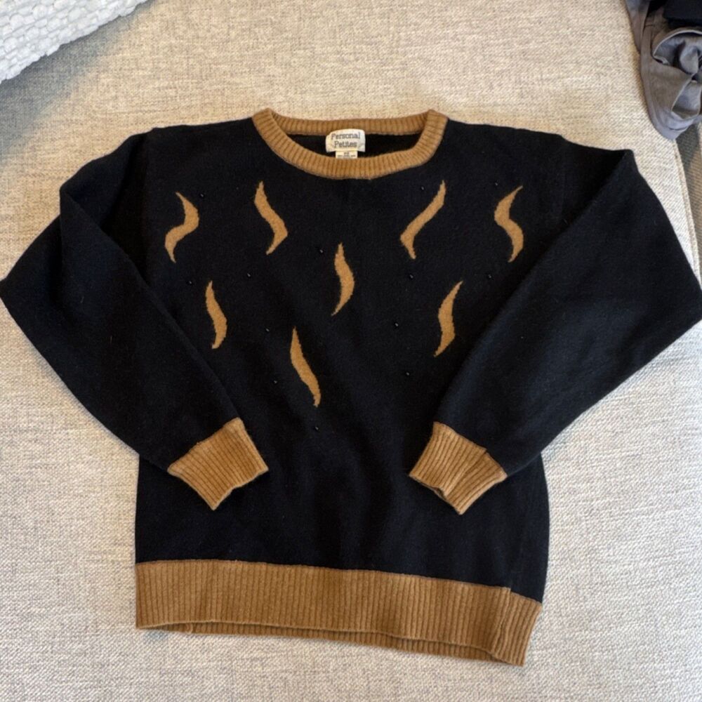 Personal Petites PS Lambs Wool Angora Pullover Sweater Black Brown Crew Neck